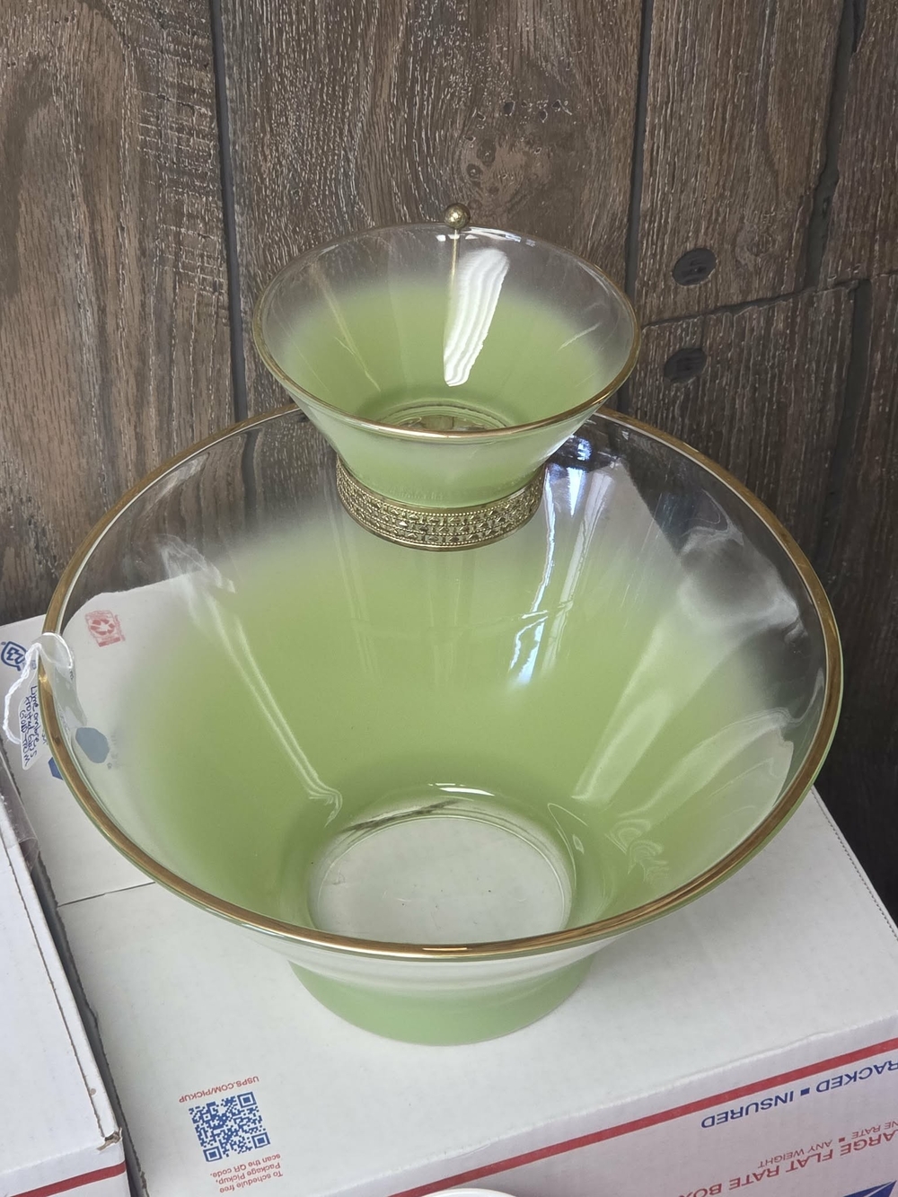 ***SOLD***Vtg  MCM Atomic Green BLENDO Chip & Dip Bowl Set with Gold Accent Trim